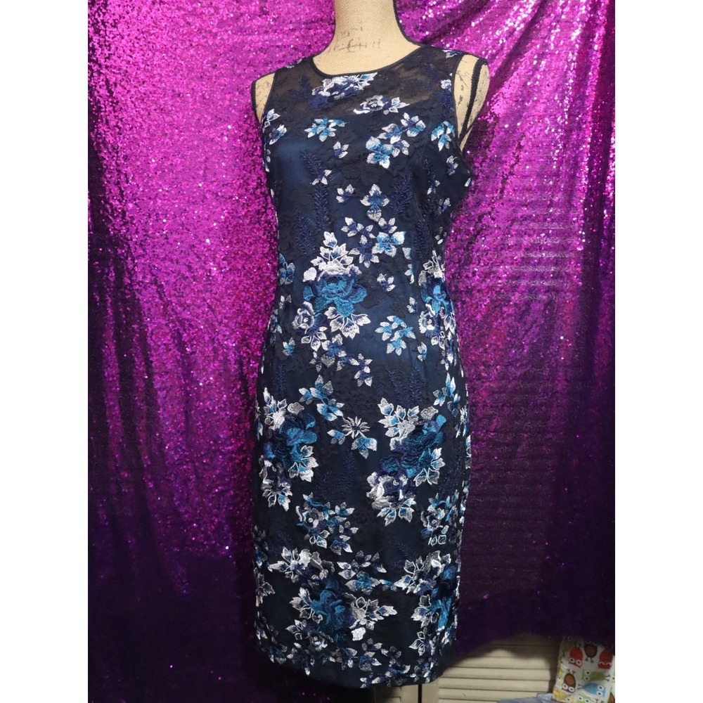 Black Blue Floral Embroidered Mesh Shift Dress 4 White House Black Market Women - Picture 2 of 8